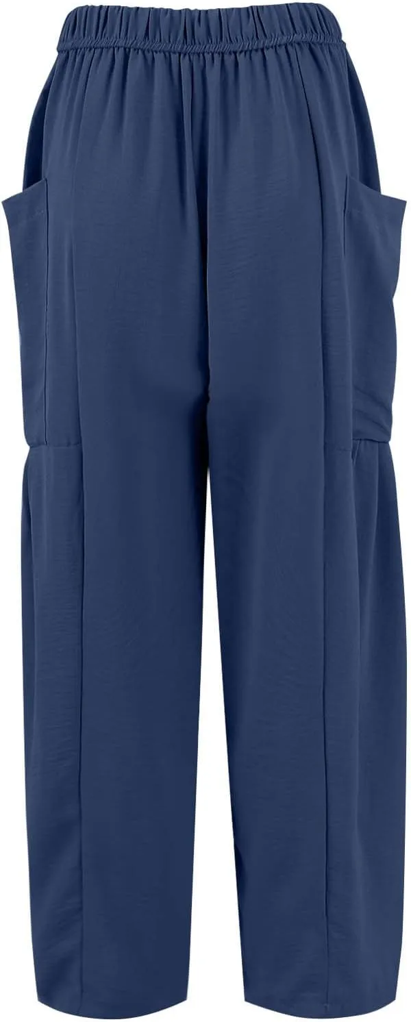Womens Summer Pants High Waisted Drawstring Pants Wide Leg Casual Loose Baggy Beach Palazzo Trousers with Pockets