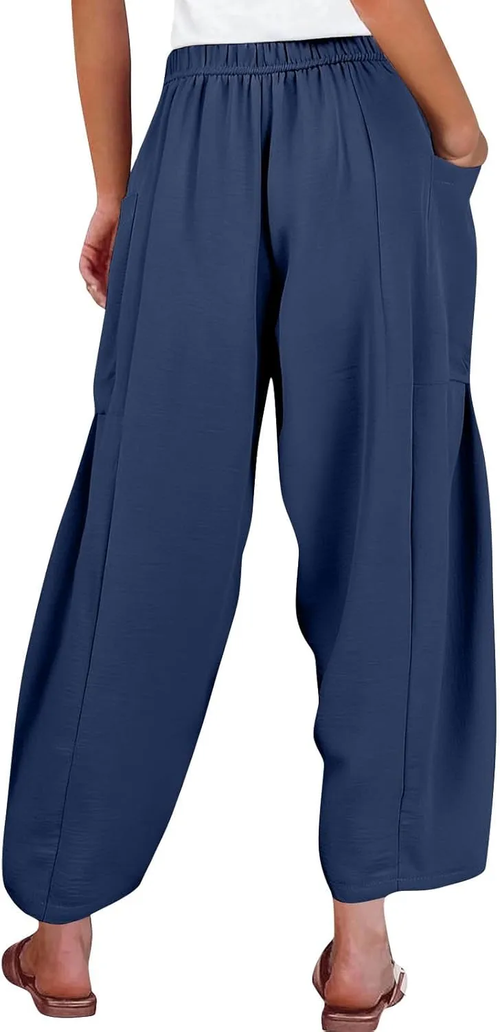 Womens Summer Pants High Waisted Drawstring Pants Wide Leg Casual Loose Baggy Beach Palazzo Trousers with Pockets