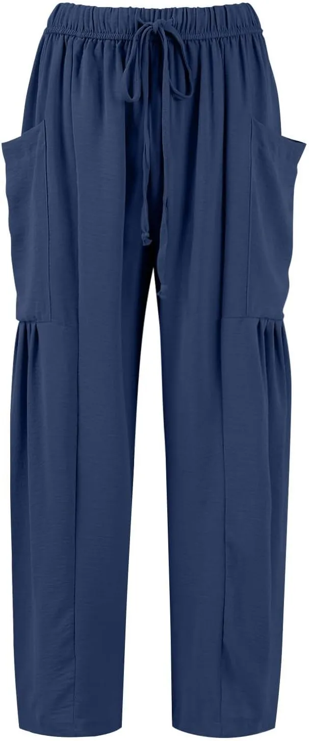 Womens Summer Pants High Waisted Drawstring Pants Wide Leg Casual Loose Baggy Beach Palazzo Trousers with Pockets