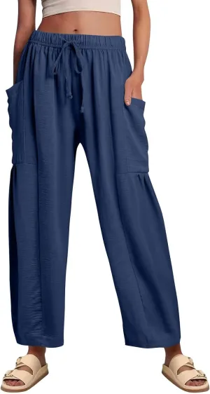 Womens Summer Pants High Waisted Drawstring Pants Wide Leg Casual Loose Baggy Beach Palazzo Trousers with Pockets