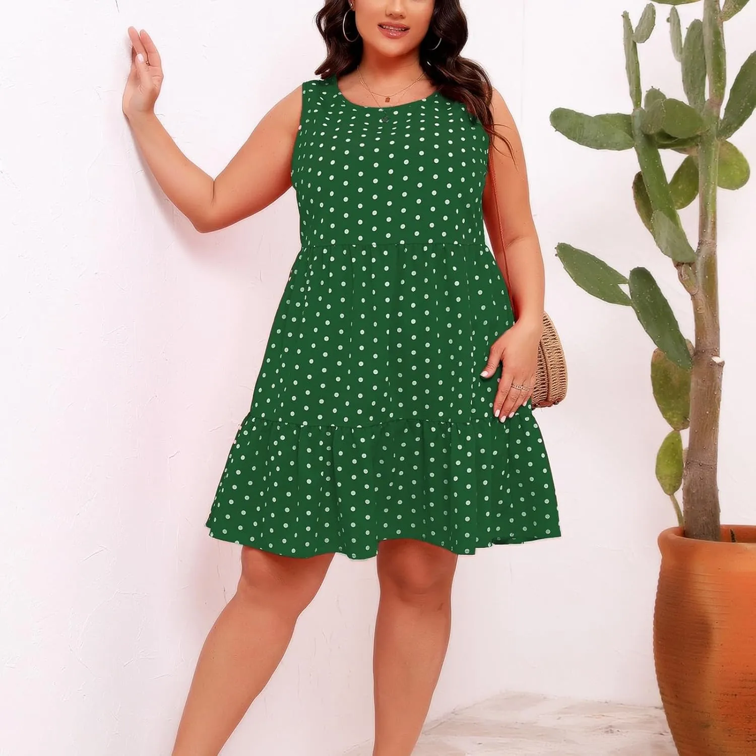 Women's Summer Plus Size Swing Dress, Sleeveless Crewneck Casual Dresses Fashion Polka Dot Porm Party Trendy Clothes