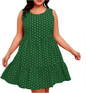 Women's Summer Plus Size Swing Dress, Sleeveless Crewneck Casual Dresses Fashion Polka Dot Porm Party Trendy Clothes
