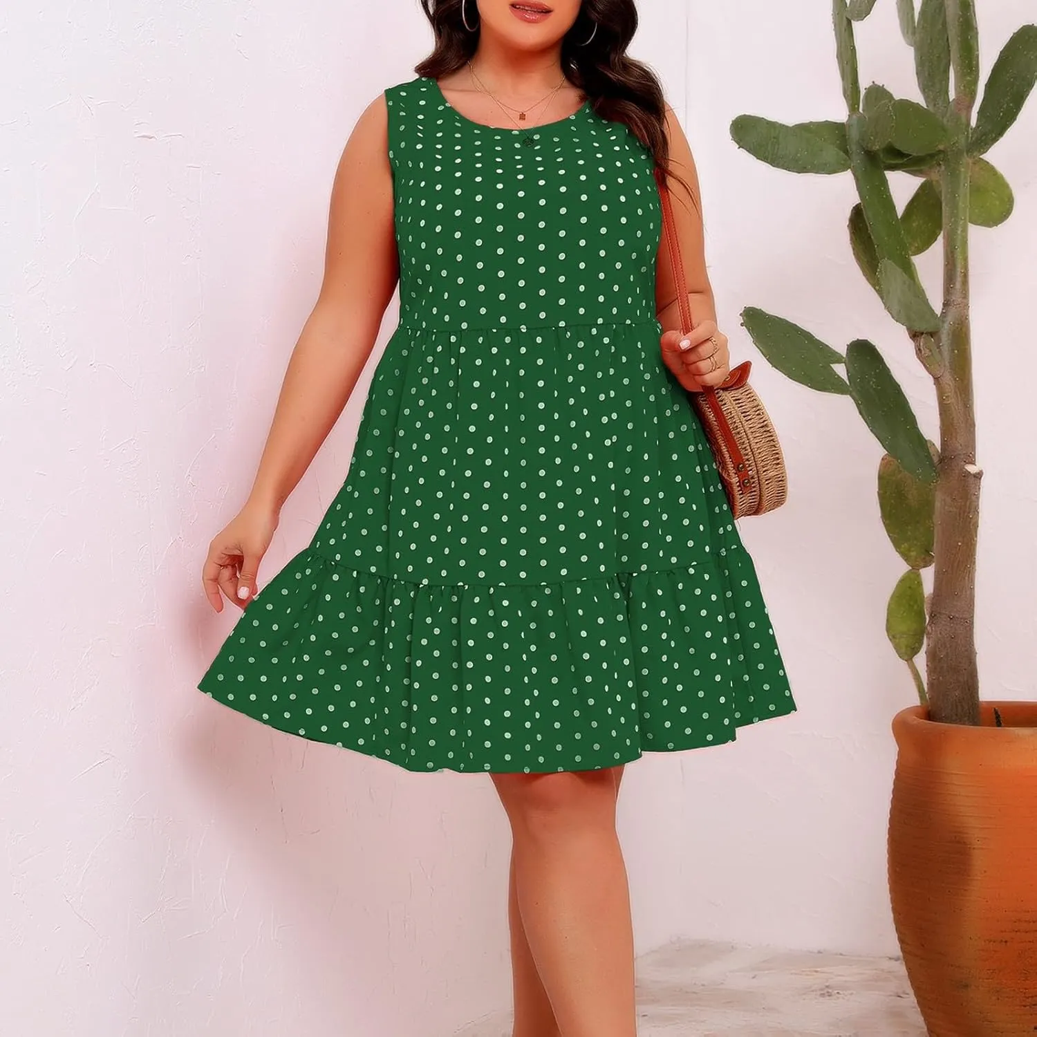 Women's Summer Plus Size Swing Dress, Sleeveless Crewneck Casual Dresses Fashion Polka Dot Porm Party Trendy Clothes