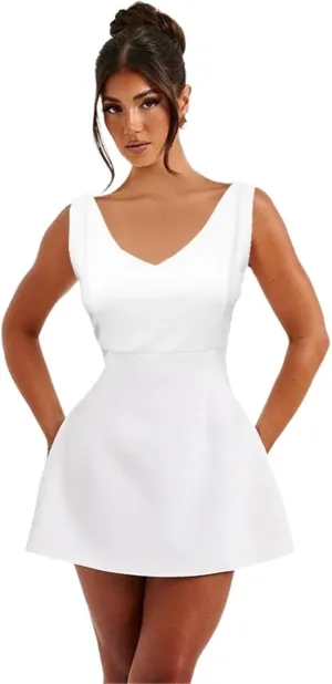 Women's Summer Sexy Sleeveless Zipper Dress, V-Neck Slim Fit A-line Mini Dress White Bodycon Dress Party Club Dress