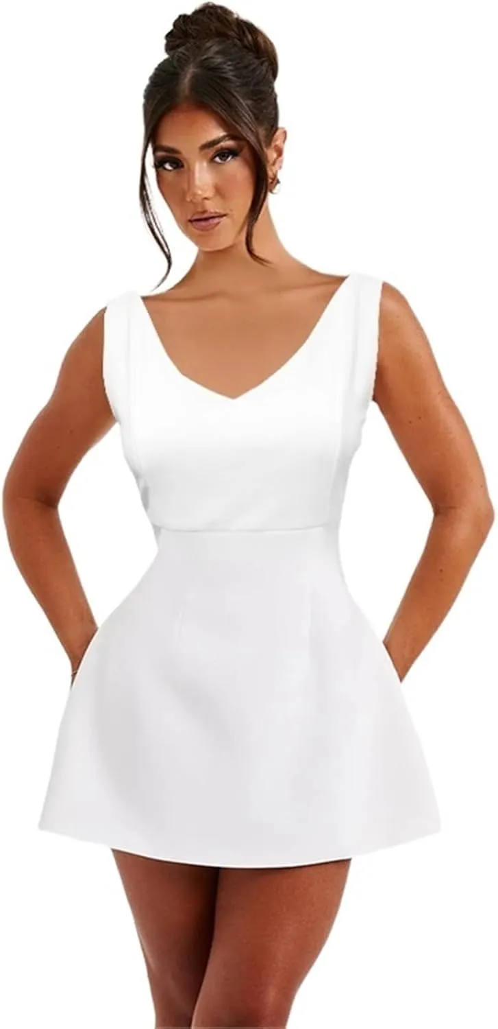 Women's Summer Sexy Sleeveless Zipper Dress, V-Neck Slim Fit A-line Mini Dress White Bodycon Dress Party Club Dress