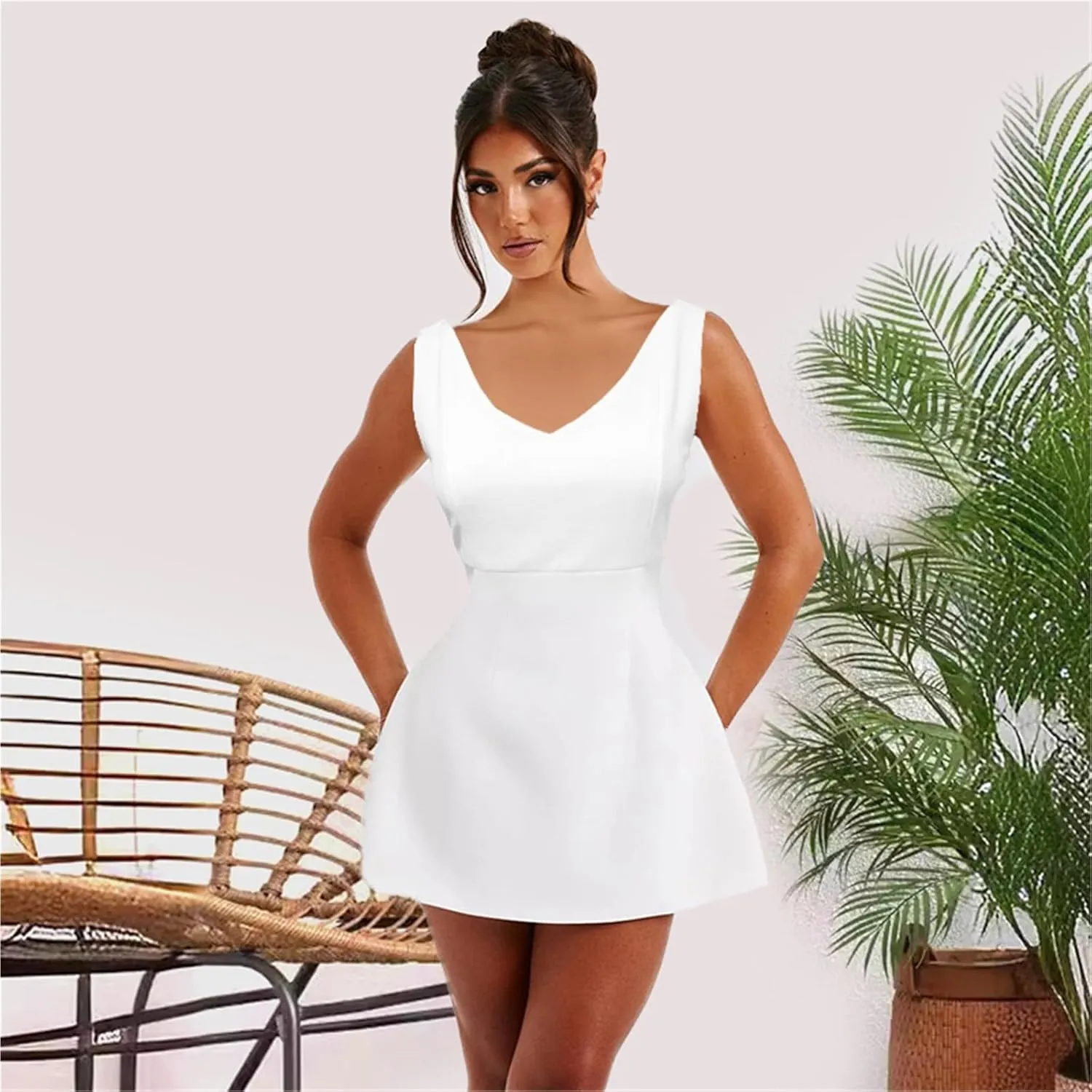 Women's Summer Sexy Sleeveless Zipper Dress, V-Neck Slim Fit A-line Mini Dress White Bodycon Dress Party Club Dress