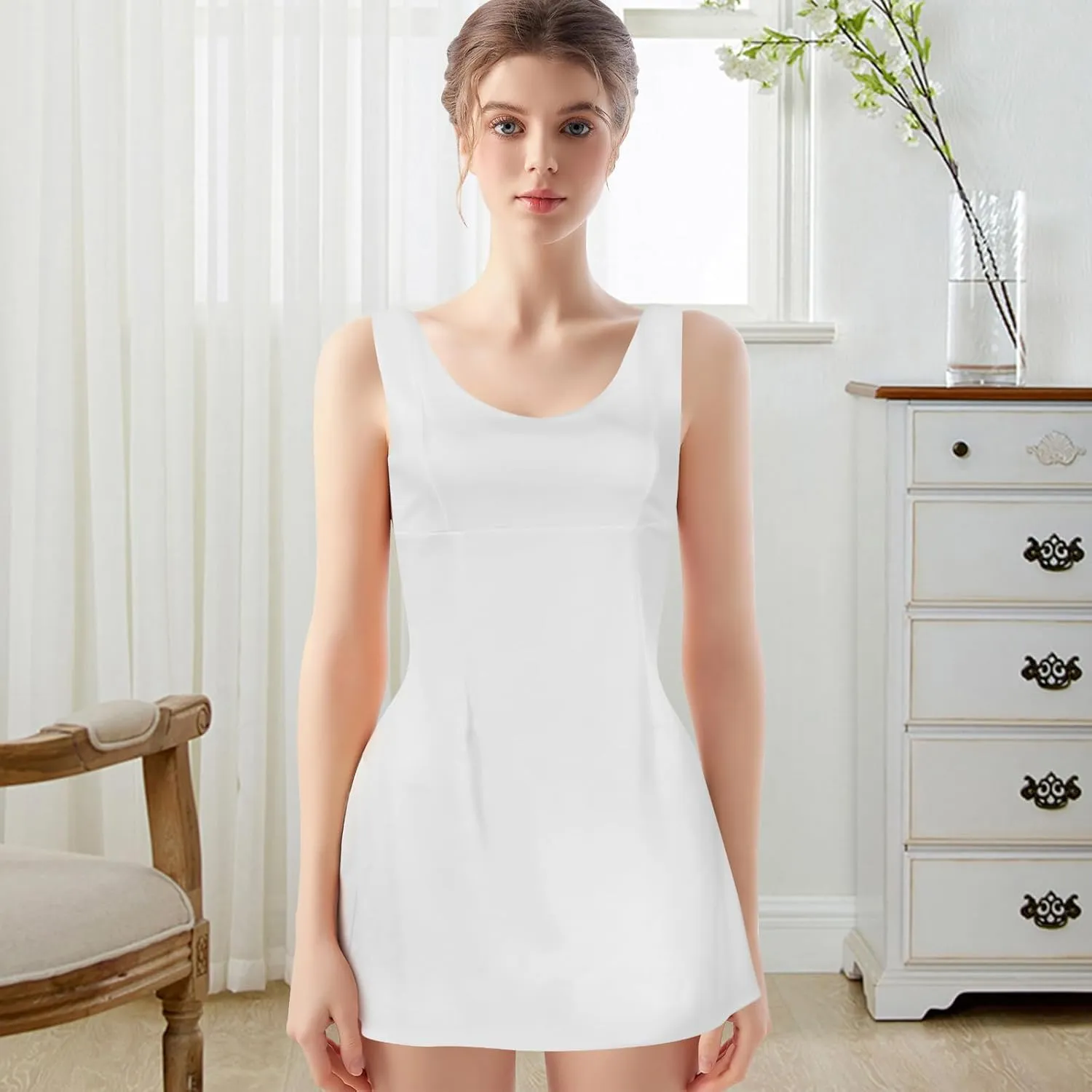 Women's Summer Sexy Sleeveless Zipper Dress, V-Neck Slim Fit A-line Mini Dress White Bodycon Dress Party Club Dress