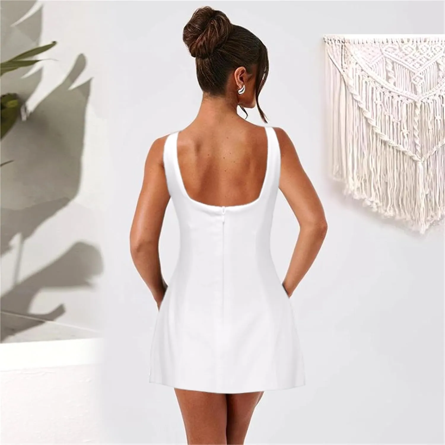 Women's Summer Sexy Sleeveless Zipper Dress, V-Neck Slim Fit A-line Mini Dress White Bodycon Dress Party Club Dress