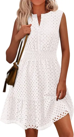Womens Summer Sleeveless Mini Dresses V Neck Eyelet Hollow Out A Line Dress High Waist Swing Party Beach Sun Dress