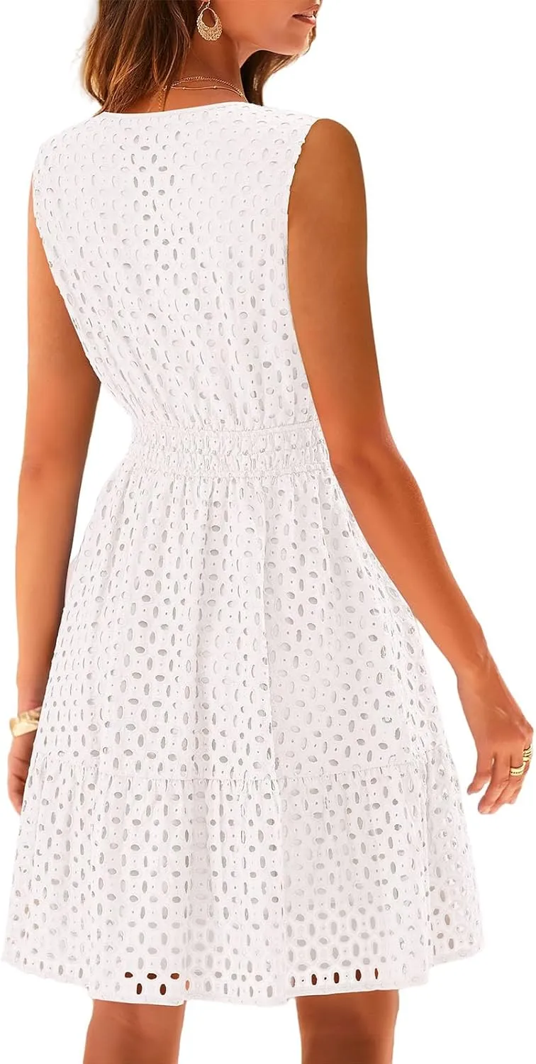 Womens Summer Sleeveless Mini Dresses V Neck Eyelet Hollow Out A Line Dress High Waist Swing Party Beach Sun Dress