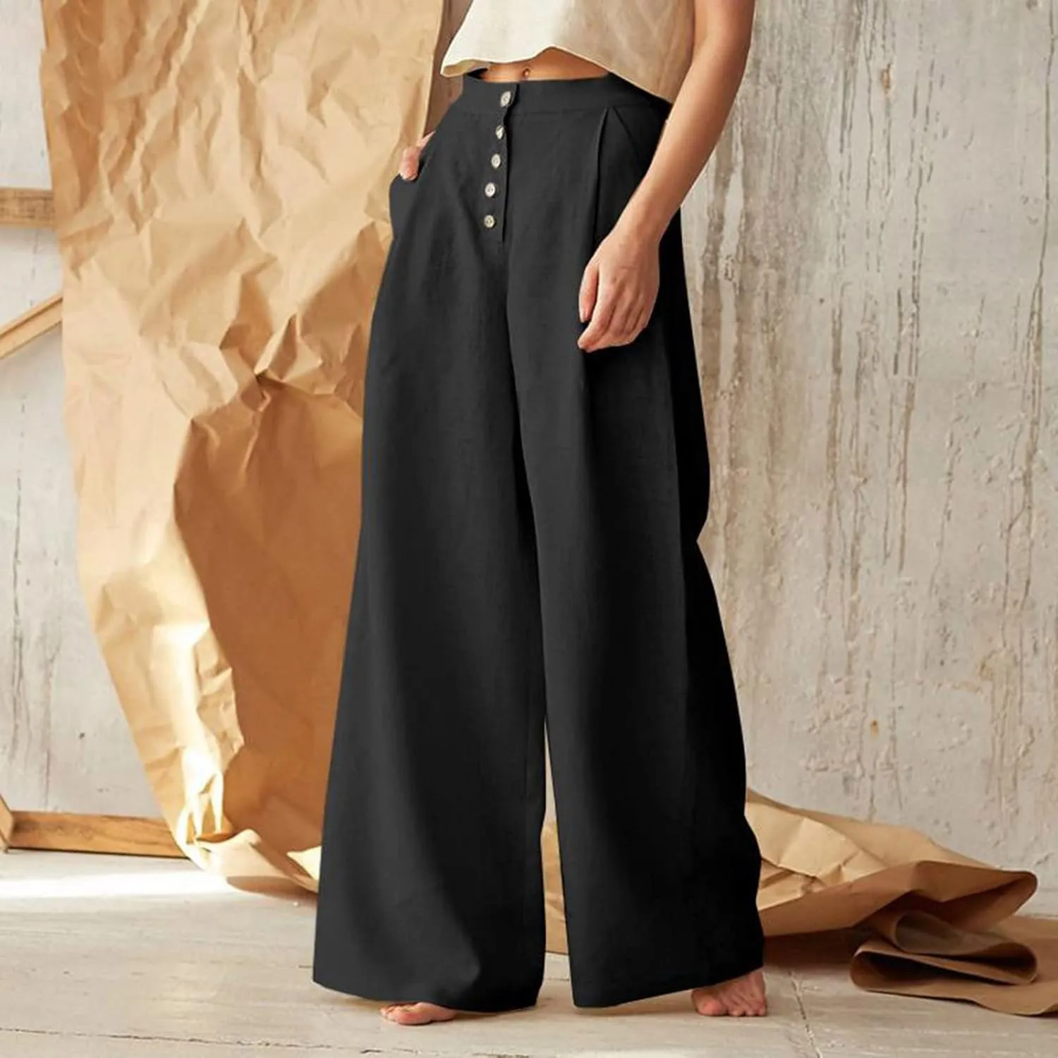 Women's Summer Solid Color Cotton Linen Casual High Waist Wide Leg Pants Button Down Straight Leg Trousers Plus Size Pants