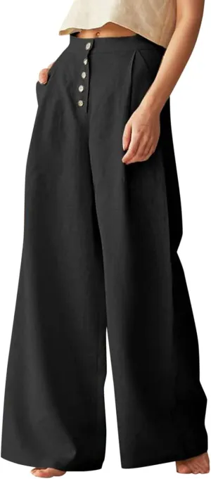 Women's Summer Solid Color Cotton Linen Casual High Waist Wide Leg Pants Button Down Straight Leg Trousers Plus Size Pants