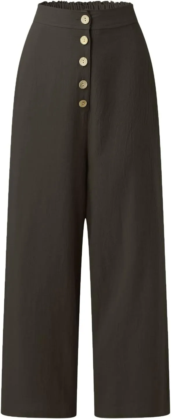 Women's Summer Solid Color Cotton Linen Casual High Waist Wide Leg Pants Button Down Straight Leg Trousers Plus Size Pants