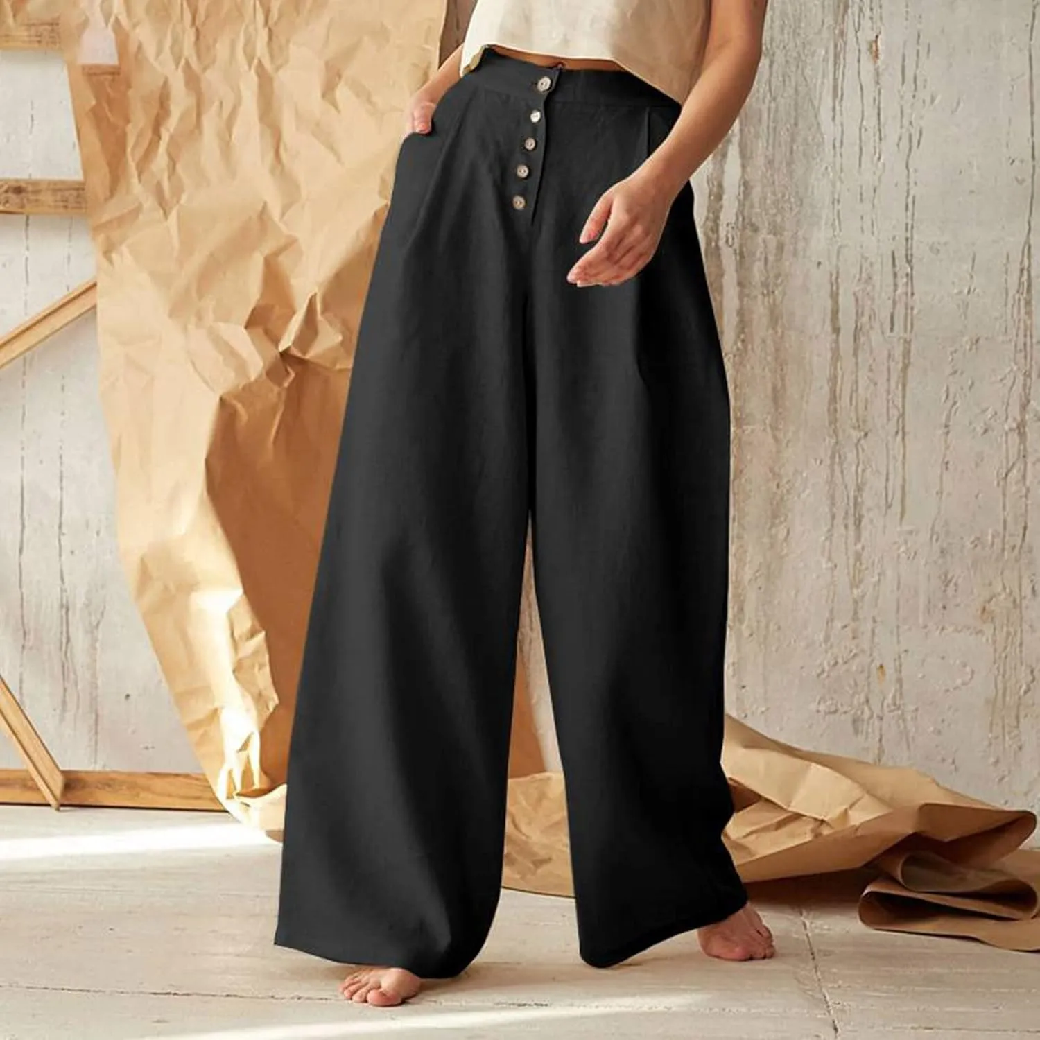 Women's Summer Solid Color Cotton Linen Casual High Waist Wide Leg Pants Button Down Straight Leg Trousers Plus Size Pants