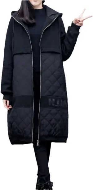 Women's Thick Warm Down Cotton Coat Oversized Quilted Cocoon Padded Jacket Loose Hooded Parker Overcoat black XL