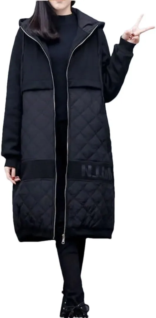 Women's Thick Warm Down Cotton Coat Oversized Quilted Cocoon Padded Jacket Loose Hooded Parker Overcoat black XL