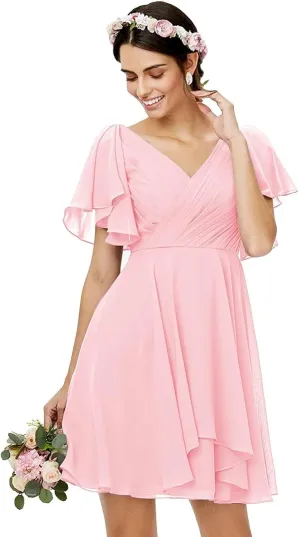 Women's V Neck Chiffon Bridesmaid Dresses Ruffle Sleeves A Line Short Corset Prom Dresses for Women NO24