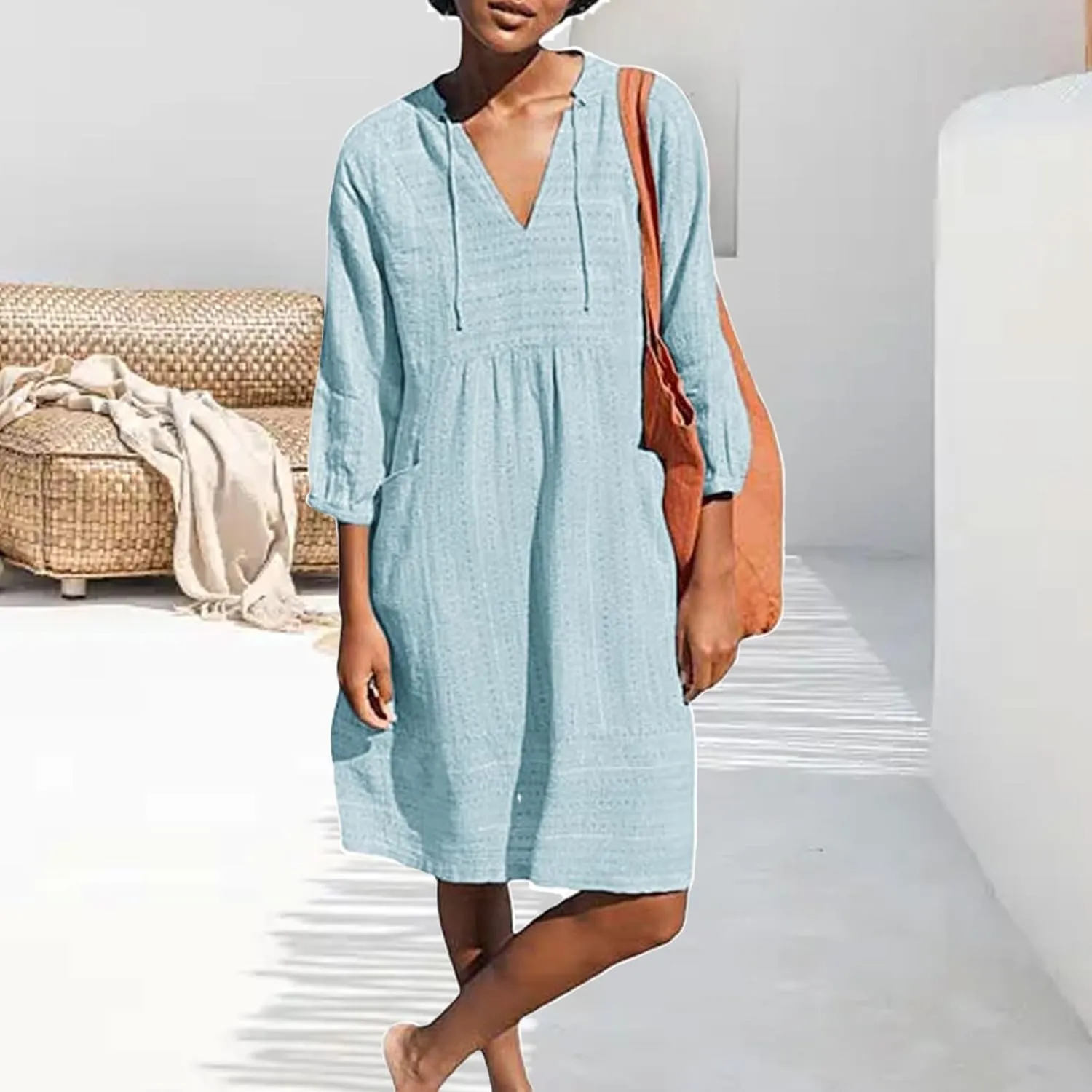 Womens V Neck Cotton Dress 3/4 Sleeve Midi Beach Dress Loose Fit Flowy Shirt Sundress with Pockets