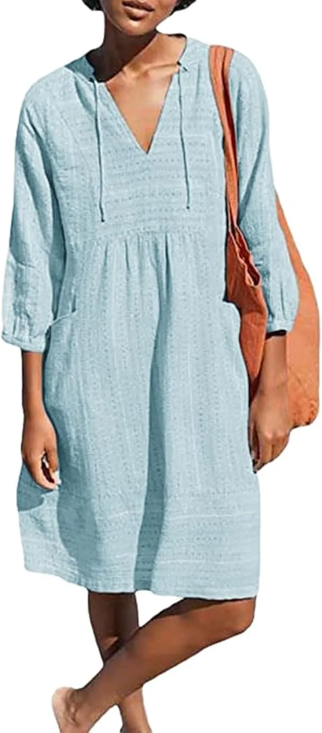 Womens V Neck Cotton Dress 3/4 Sleeve Midi Beach Dress Loose Fit Flowy Shirt Sundress with Pockets