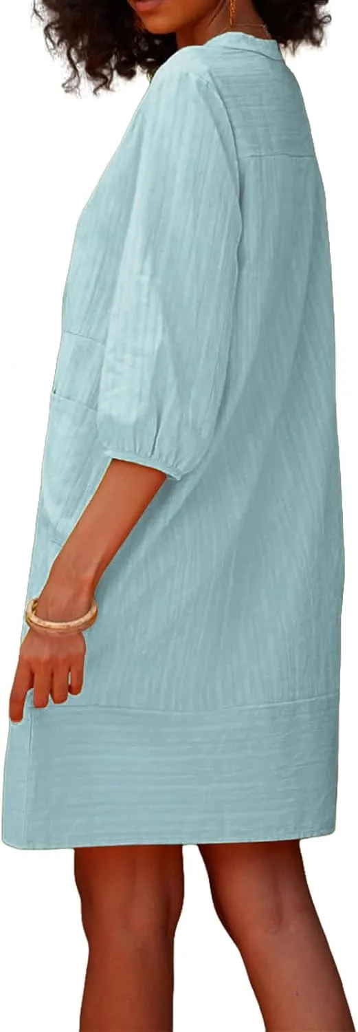 Womens V Neck Cotton Dress 3/4 Sleeve Midi Beach Dress Loose Fit Flowy Shirt Sundress with Pockets