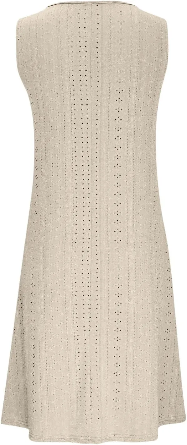 Womens V Neck Eyelet Dresses Summer Casual Dresses Cover Up Sleeveless Knee Length Dress Casual Tank Sundress Tunics