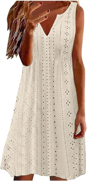 Womens V Neck Eyelet Dresses Summer Casual Dresses Cover Up Sleeveless Knee Length Dress Casual Tank Sundress Tunics