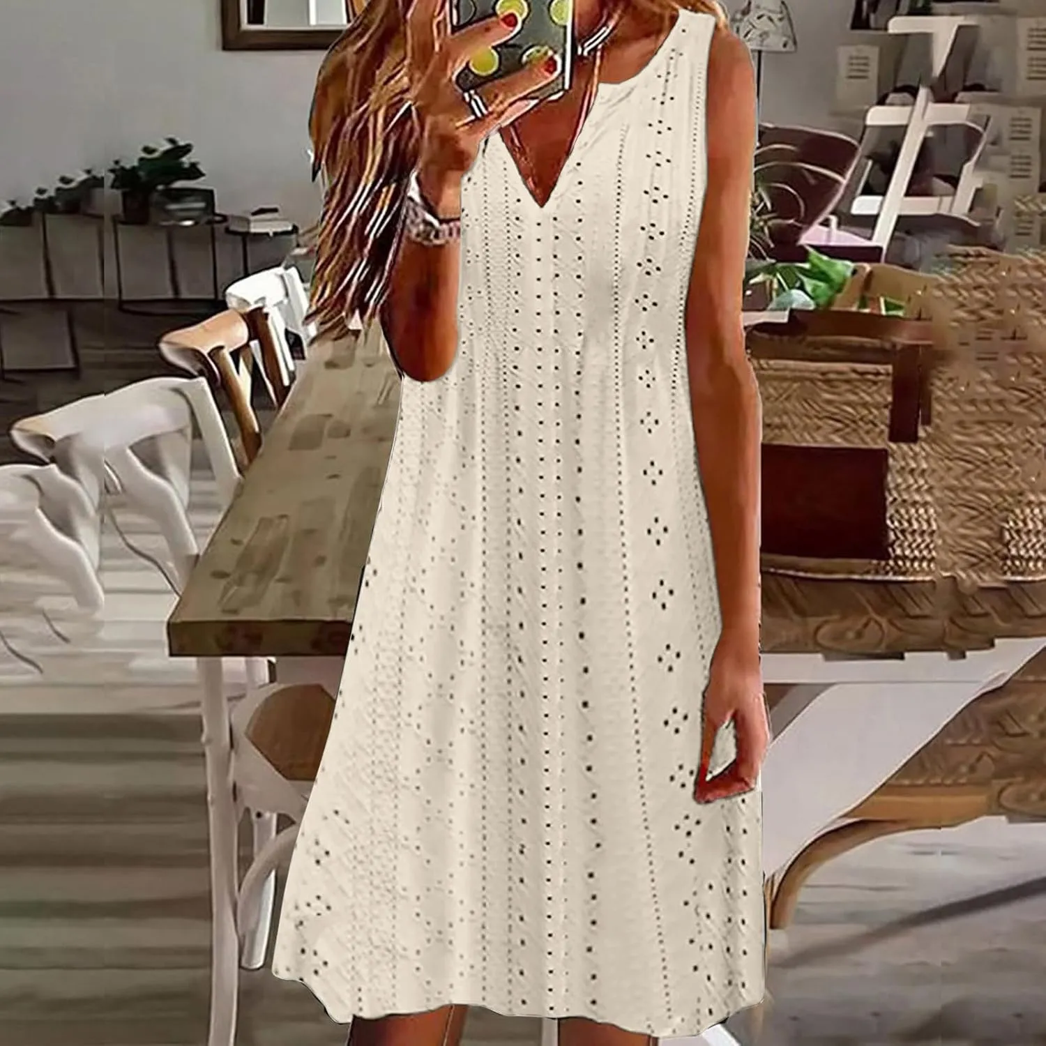 Womens V Neck Eyelet Dresses Summer Casual Dresses Cover Up Sleeveless Knee Length Dress Casual Tank Sundress Tunics
