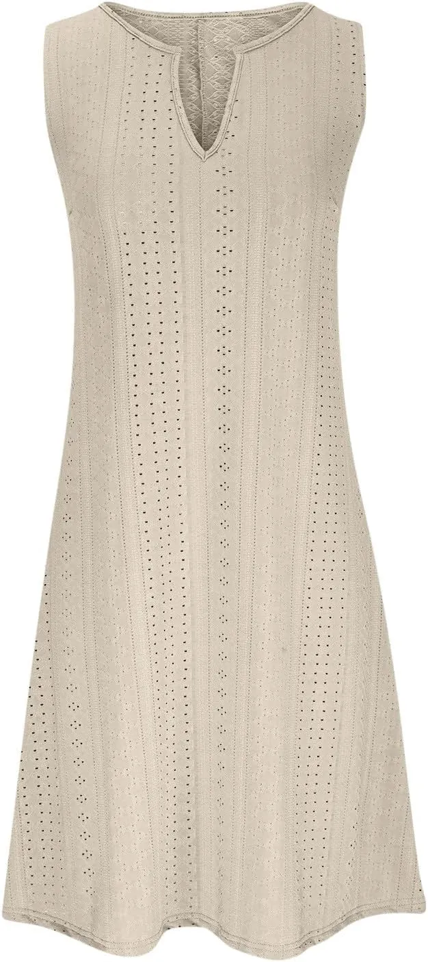 Womens V Neck Eyelet Dresses Summer Casual Dresses Cover Up Sleeveless Knee Length Dress Casual Tank Sundress Tunics