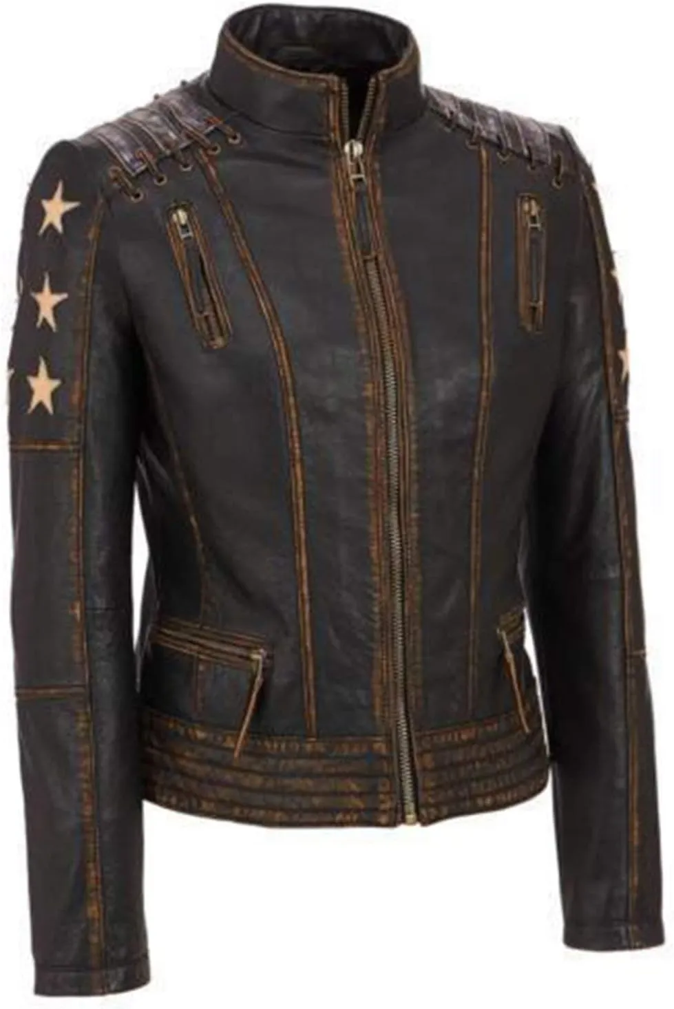 Women's Vintage Biker Caf Racer Punk Star Motorcycle Distressed Brown Leather Jacket