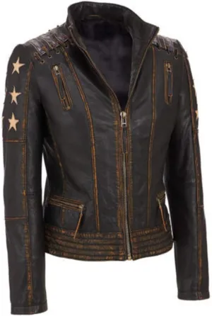 Women's Vintage Biker Caf Racer Punk Star Motorcycle Distressed Brown Leather Jacket