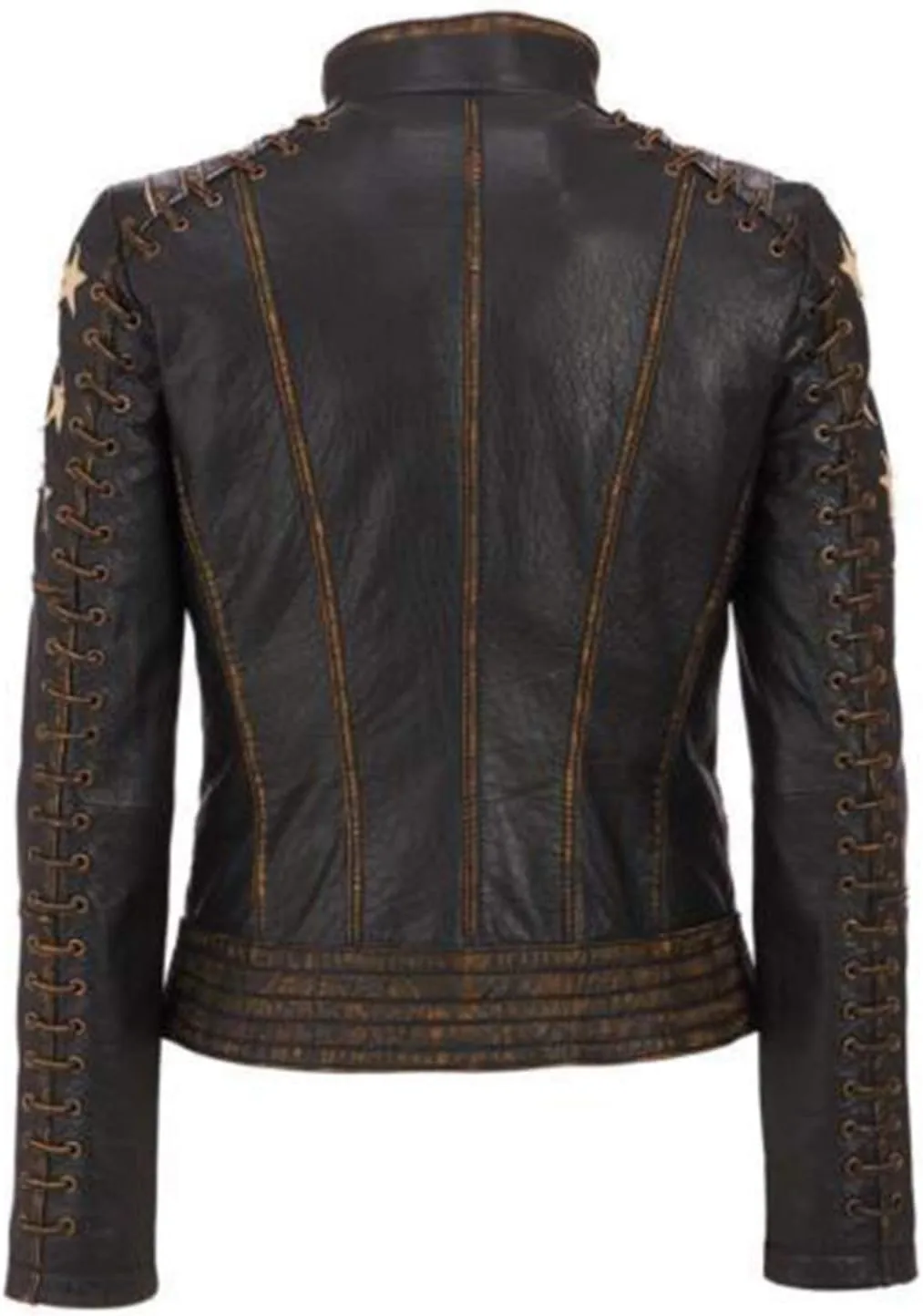 Women's Vintage Biker Caf Racer Punk Star Motorcycle Distressed Brown Leather Jacket