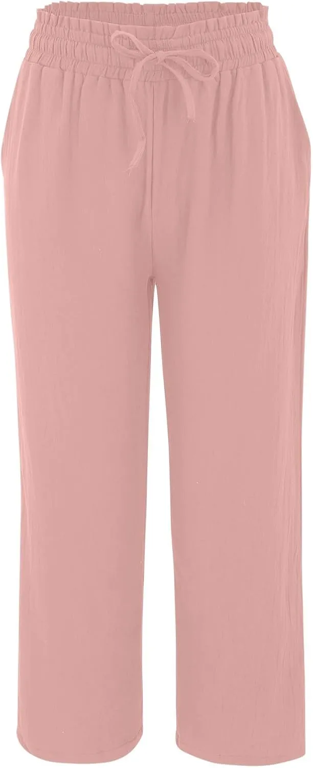 Women's Wide Leg Capri Pants Summer Linen Elastic Smocked Waist Straight Leg Pants Drawstring Casual Outdoor Hiking Trousers