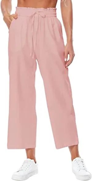 Women's Wide Leg Capri Pants Summer Linen Elastic Smocked Waist Straight Leg Pants Drawstring Casual Outdoor Hiking Trousers