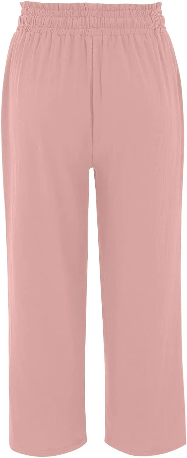Women's Wide Leg Capri Pants Summer Linen Elastic Smocked Waist Straight Leg Pants Drawstring Casual Outdoor Hiking Trousers