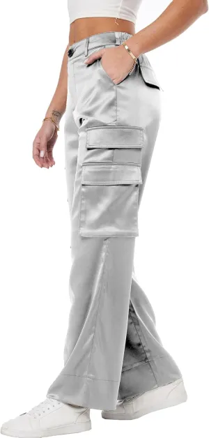 Women's Wide Leg Cargo Pants Satin Silky Casual High Waist Y2K Baggy Cargo Pants Combat Military Trouser