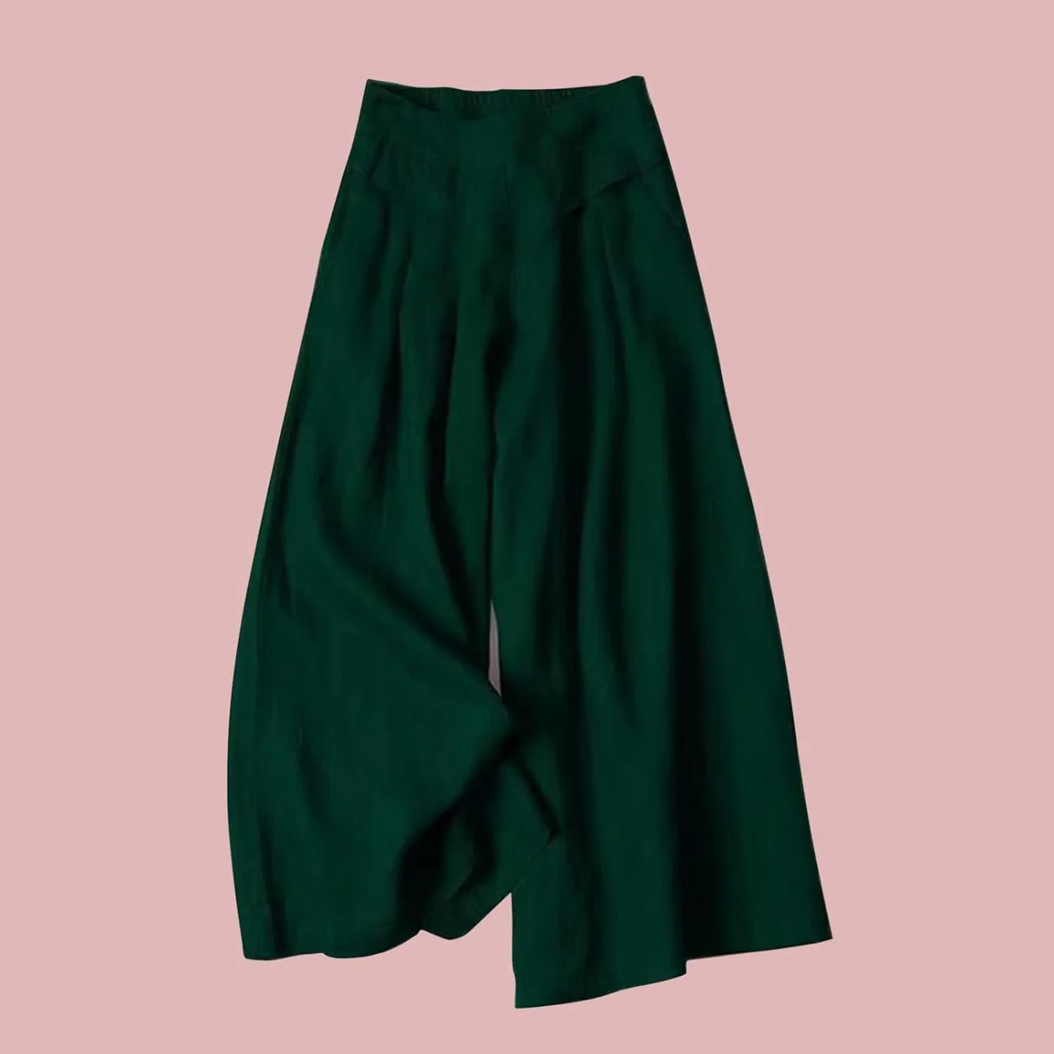 Womens Wide Leg Flare Pants Back Elastic High Waist Cotton Linen Solid Color Pants Summer Workout Capri Trousers with Pockets