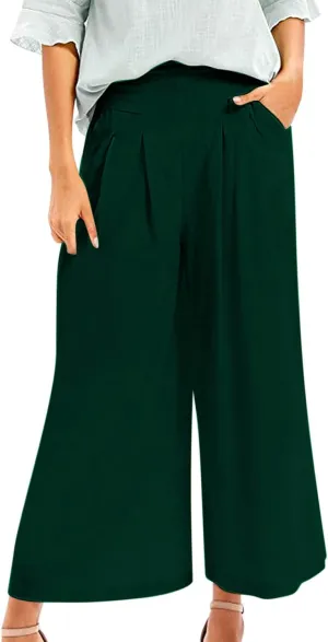 Womens Wide Leg Flare Pants Back Elastic High Waist Cotton Linen Solid Color Pants Summer Workout Capri Trousers with Pockets