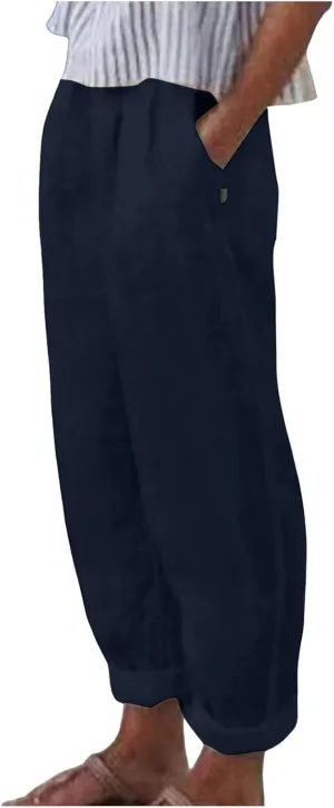 Womens Wide Leg Linen Pants Summer Beach Lounge Trousers Casual Fashion Solid Color Vacation Clothes for Women