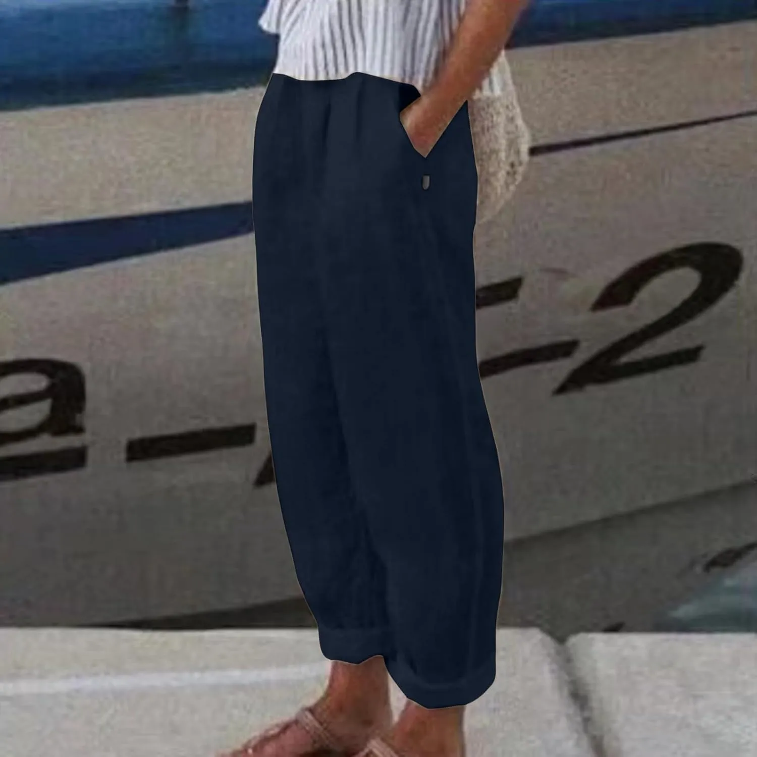 Womens Wide Leg Linen Pants Summer Beach Lounge Trousers Casual Fashion Solid Color Vacation Clothes for Women