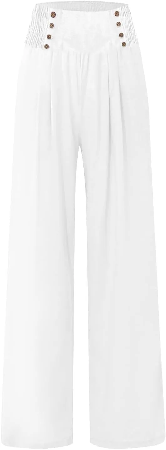 Womens Wide Leg Pants Boho Smocked High Elastic Waist in The Back Palazzo Trousers with Pockets Lounge Vacation Pants