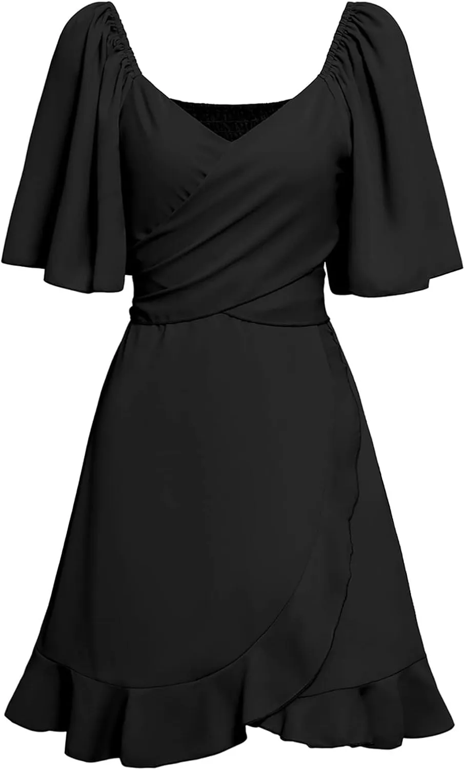 Women's Wrap V Neck Short Flared Sleeve Wedding Guest Dress Smocked Elastic Waist Tiered Belted Ruffle Hem Mini Dress