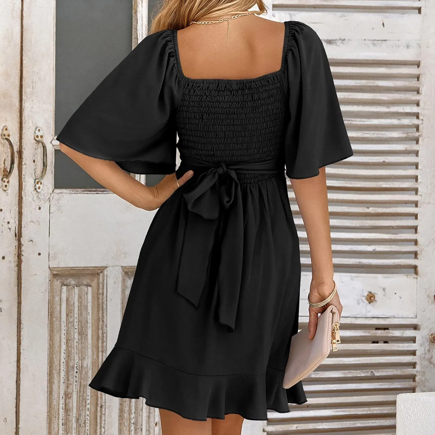 Women's Wrap V Neck Short Flared Sleeve Wedding Guest Dress Smocked Elastic Waist Tiered Belted Ruffle Hem Mini Dress