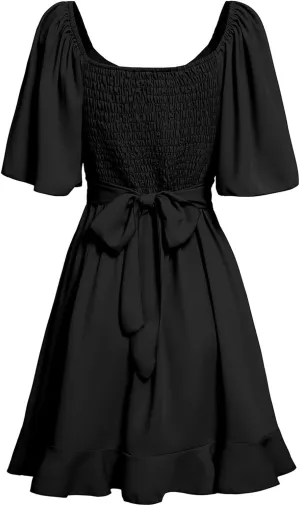 Women's Wrap V Neck Short Flared Sleeve Wedding Guest Dress Smocked Elastic Waist Tiered Belted Ruffle Hem Mini Dress