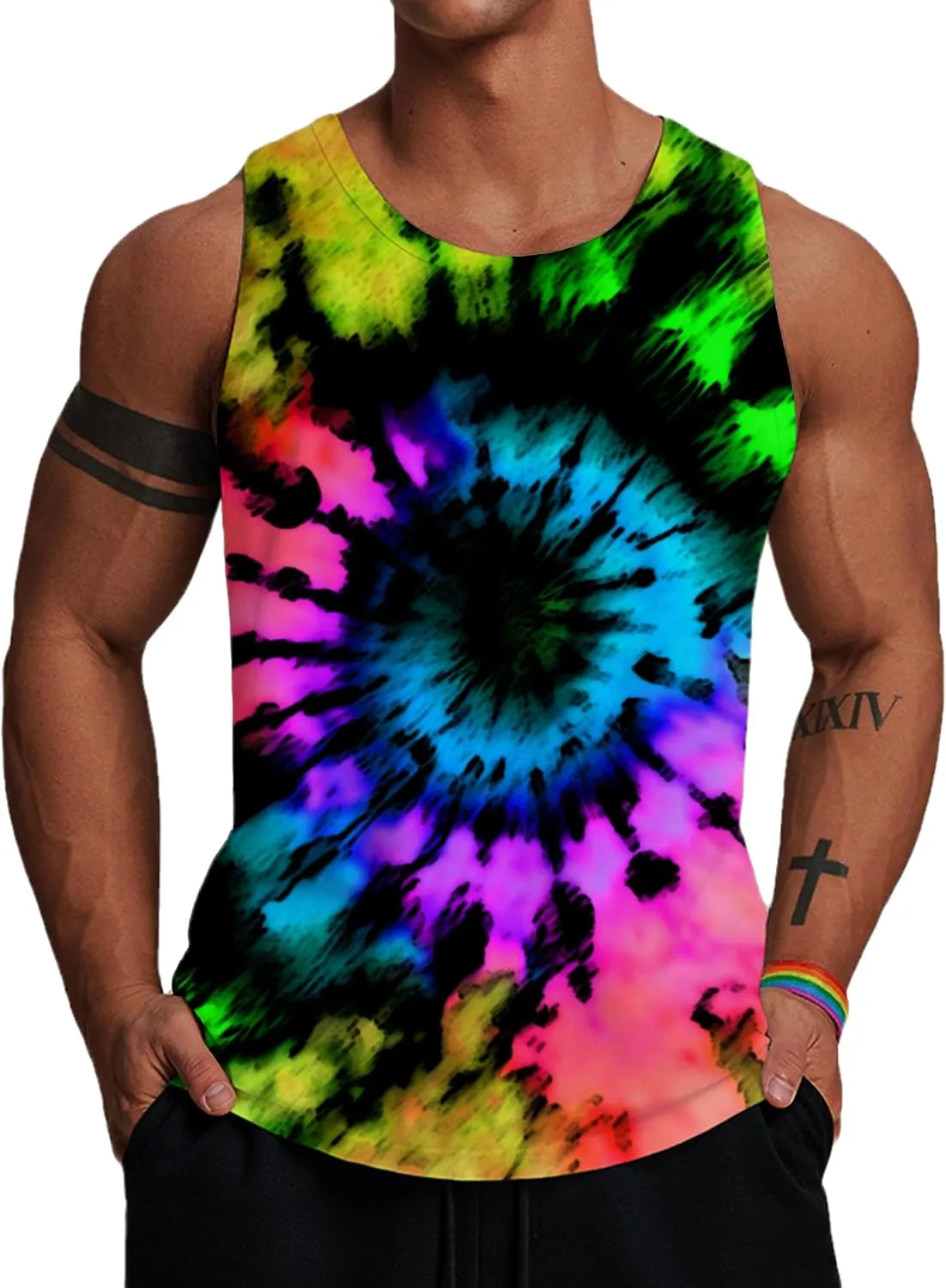 Wuiliy 3D Tank Tops For Men Colorful Sleeveless Print T Shirt Rainbow Beach Gym Vest Tee