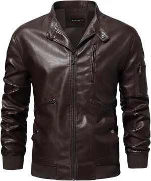 WULFUL Men's Faux Leather Jacket Stand Collar Lightweight Bomber Jacket