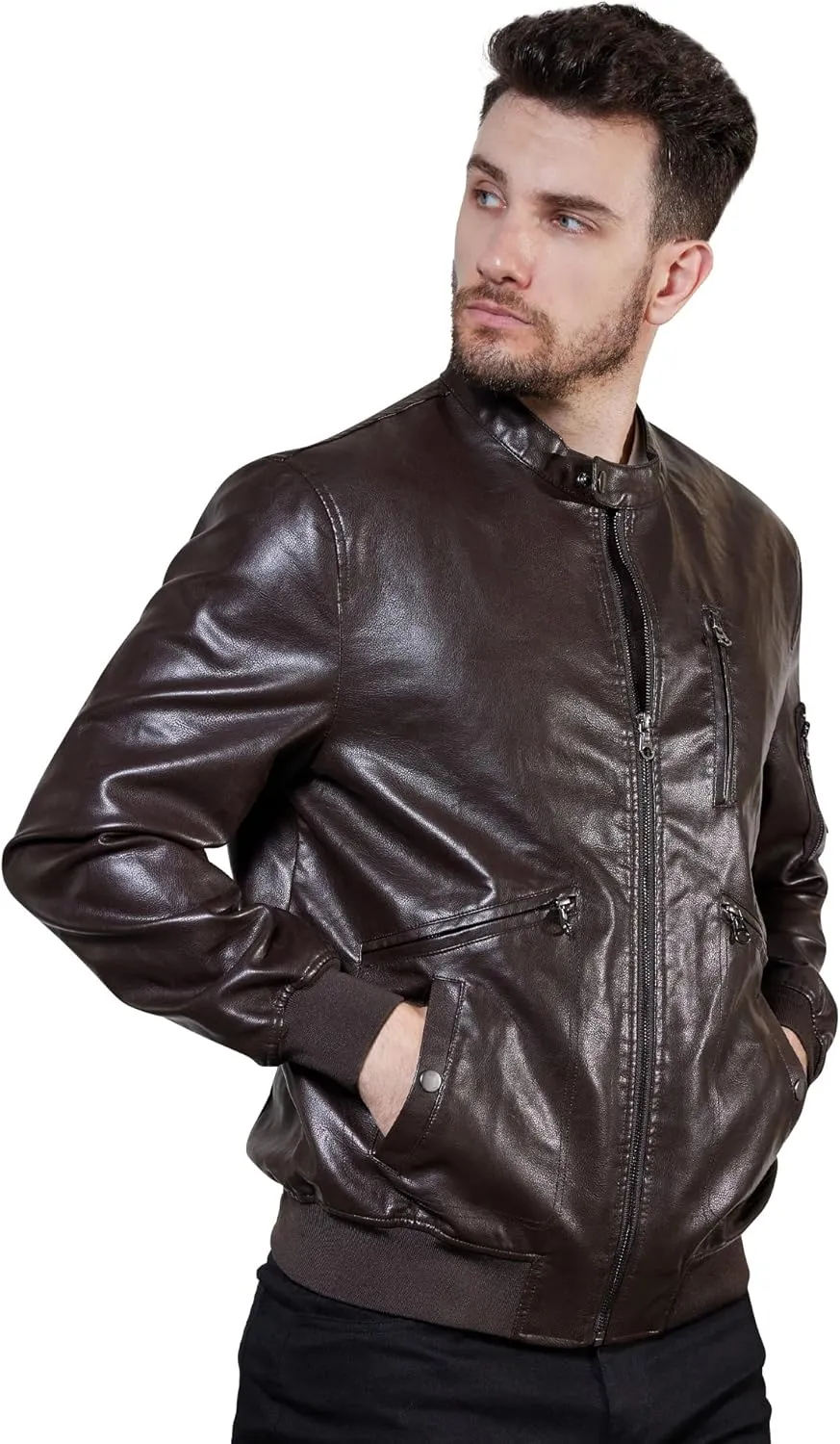 WULFUL Men's Faux Leather Jacket Stand Collar Lightweight Bomber Jacket