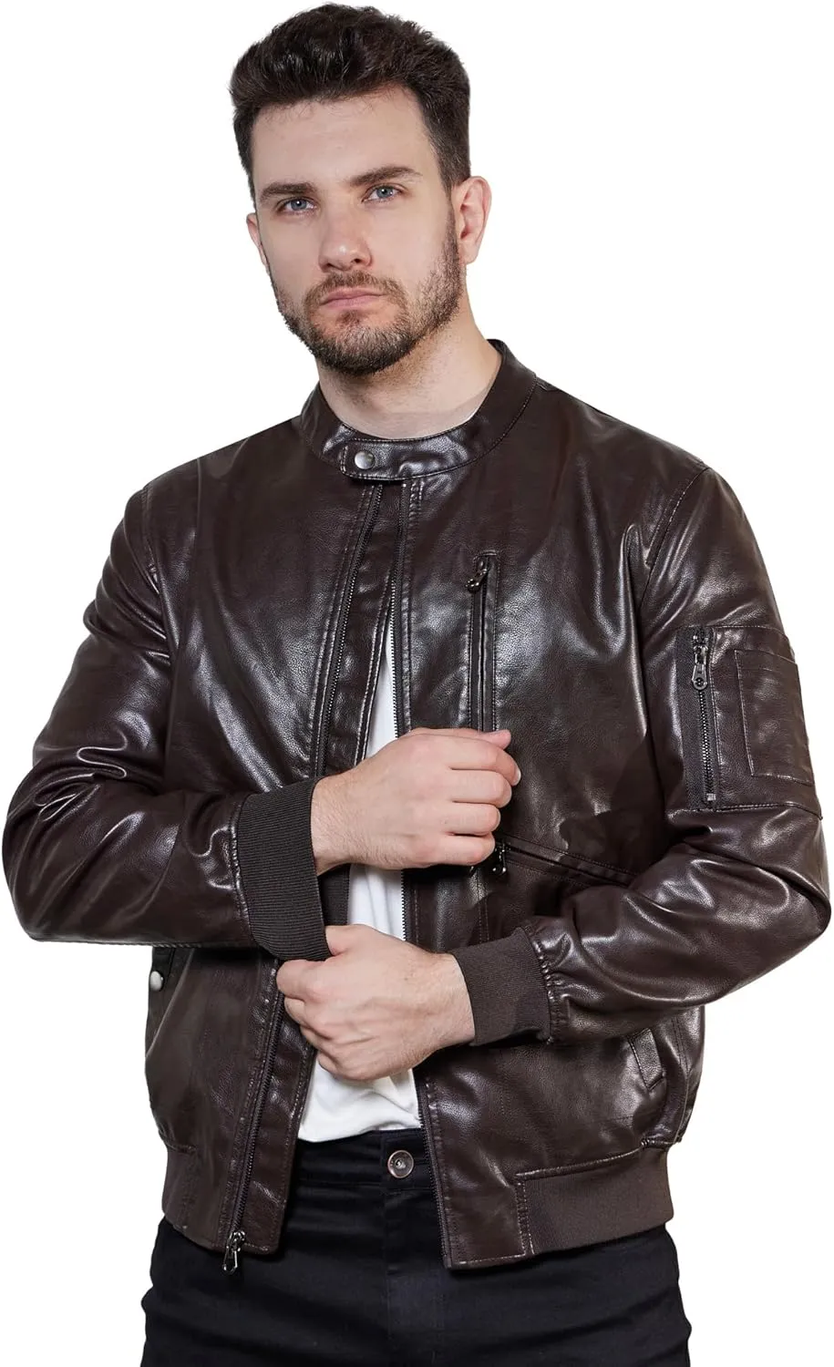 WULFUL Men's Faux Leather Jacket Stand Collar Lightweight Bomber Jacket