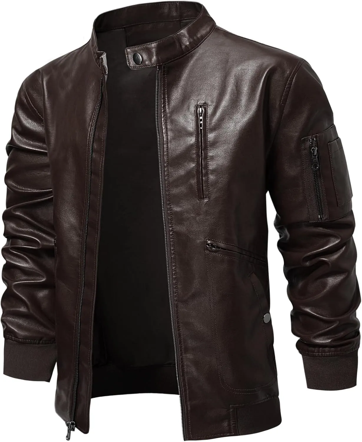 WULFUL Men's Faux Leather Jacket Stand Collar Lightweight Bomber Jacket