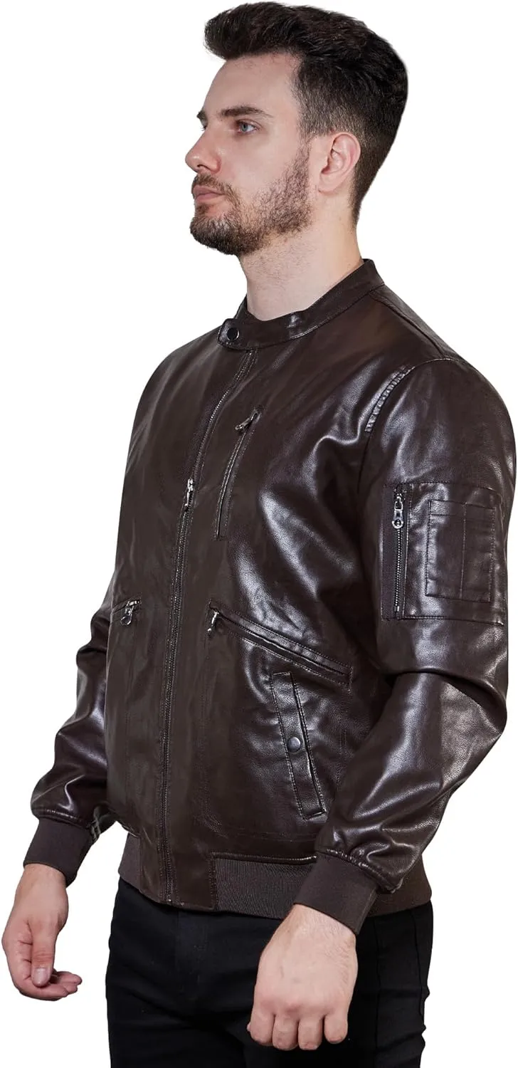 WULFUL Men's Faux Leather Jacket Stand Collar Lightweight Bomber Jacket