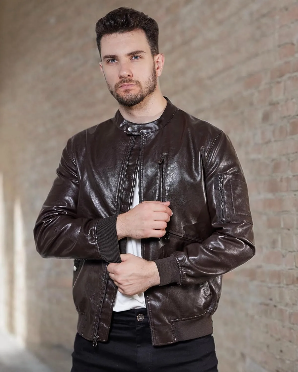 WULFUL Men's Faux Leather Jacket Stand Collar Lightweight Bomber Jacket